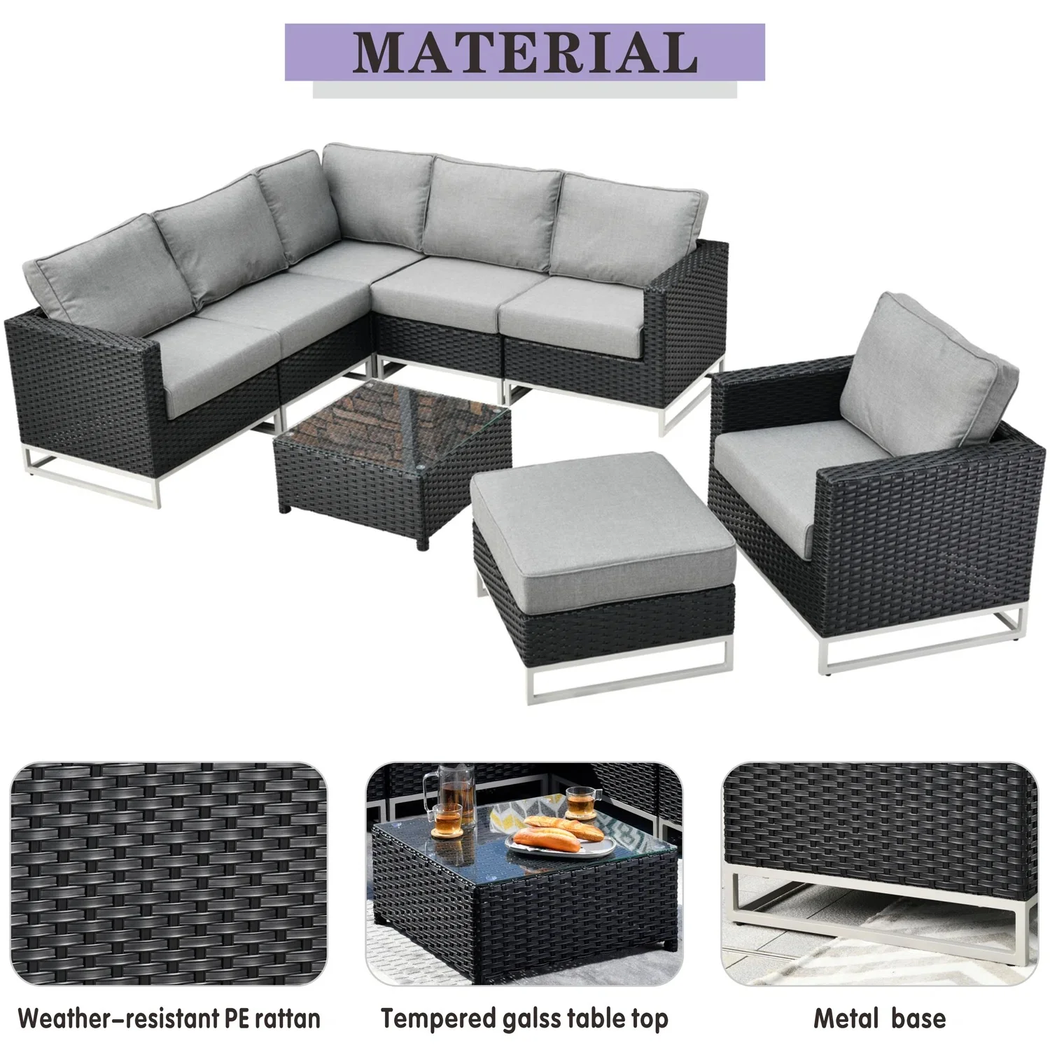 Slue Outdoor Sofa Set 5 Seater , Single seater With Ottoman and 1 Center Table Set (Black) - Image 3