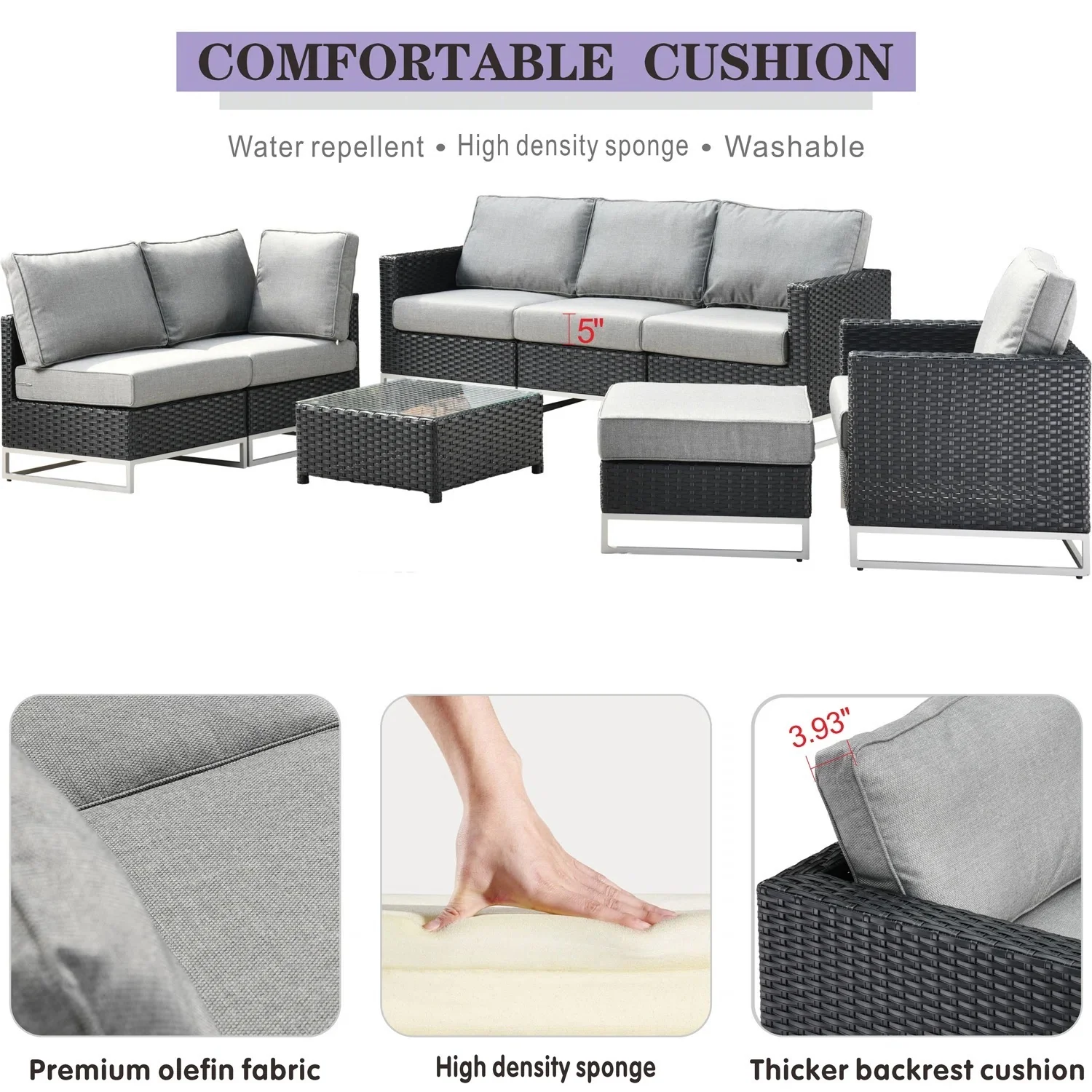 Slue Outdoor Sofa Set 5 Seater , Single seater With Ottoman and 1 Center Table Set (Black) - Image 6