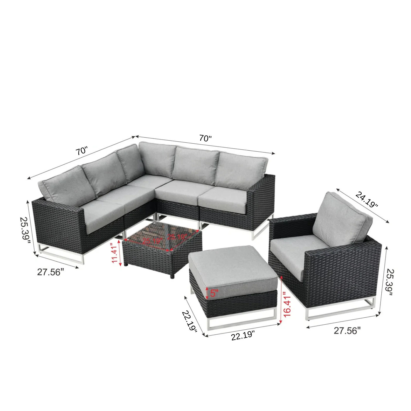Slue Outdoor Sofa Set 5 Seater , Single seater With Ottoman and 1 Center Table Set (Black) - Image 7