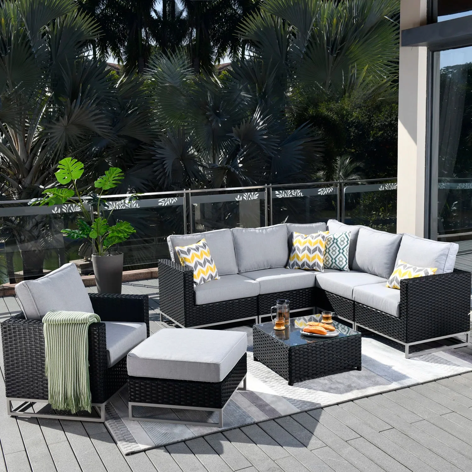 Slue Outdoor Sofa Set 5 Seater , Single seater With Ottoman and 1 Center Table Set (Black) - Image 9