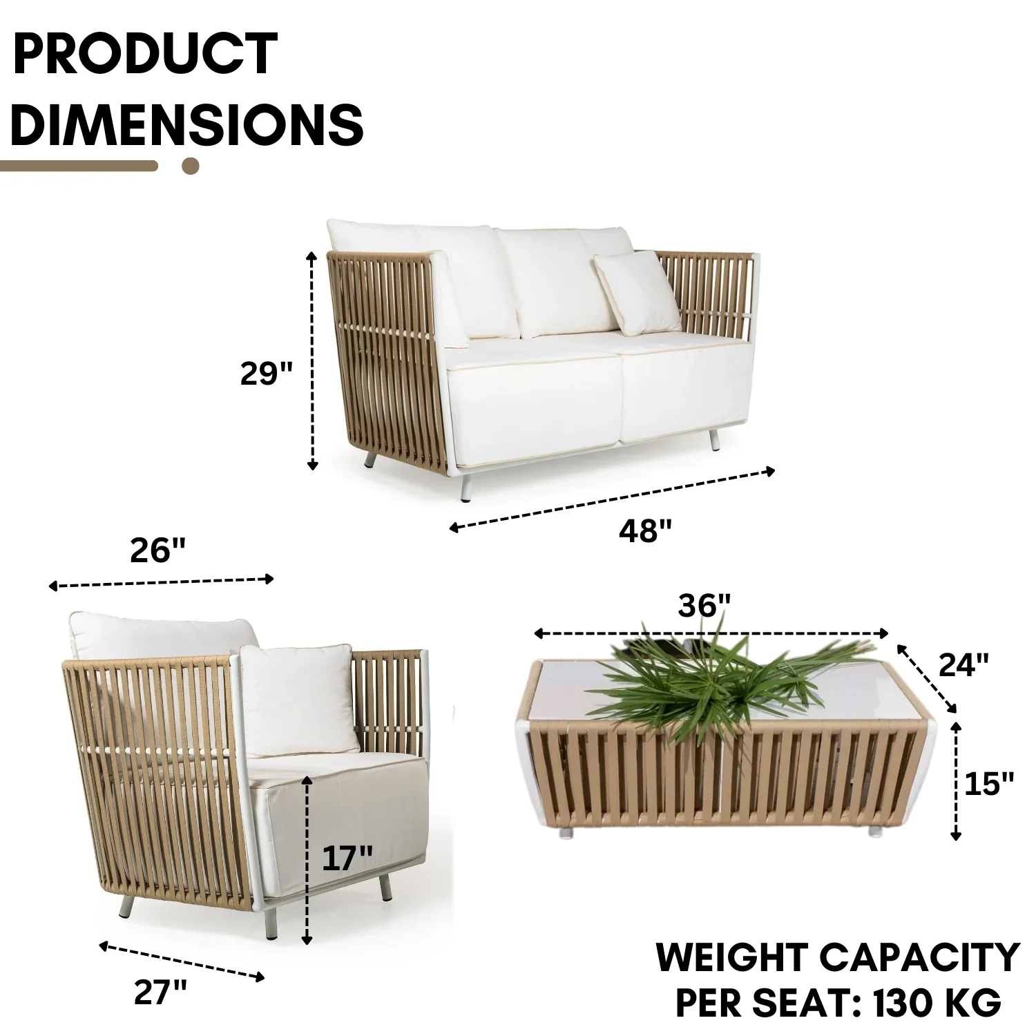 Swoop Outdoor Garden Balcony Sofa Set 2 Seater, 2 Single seater and 1 Table Set (Beige) - Image 3
