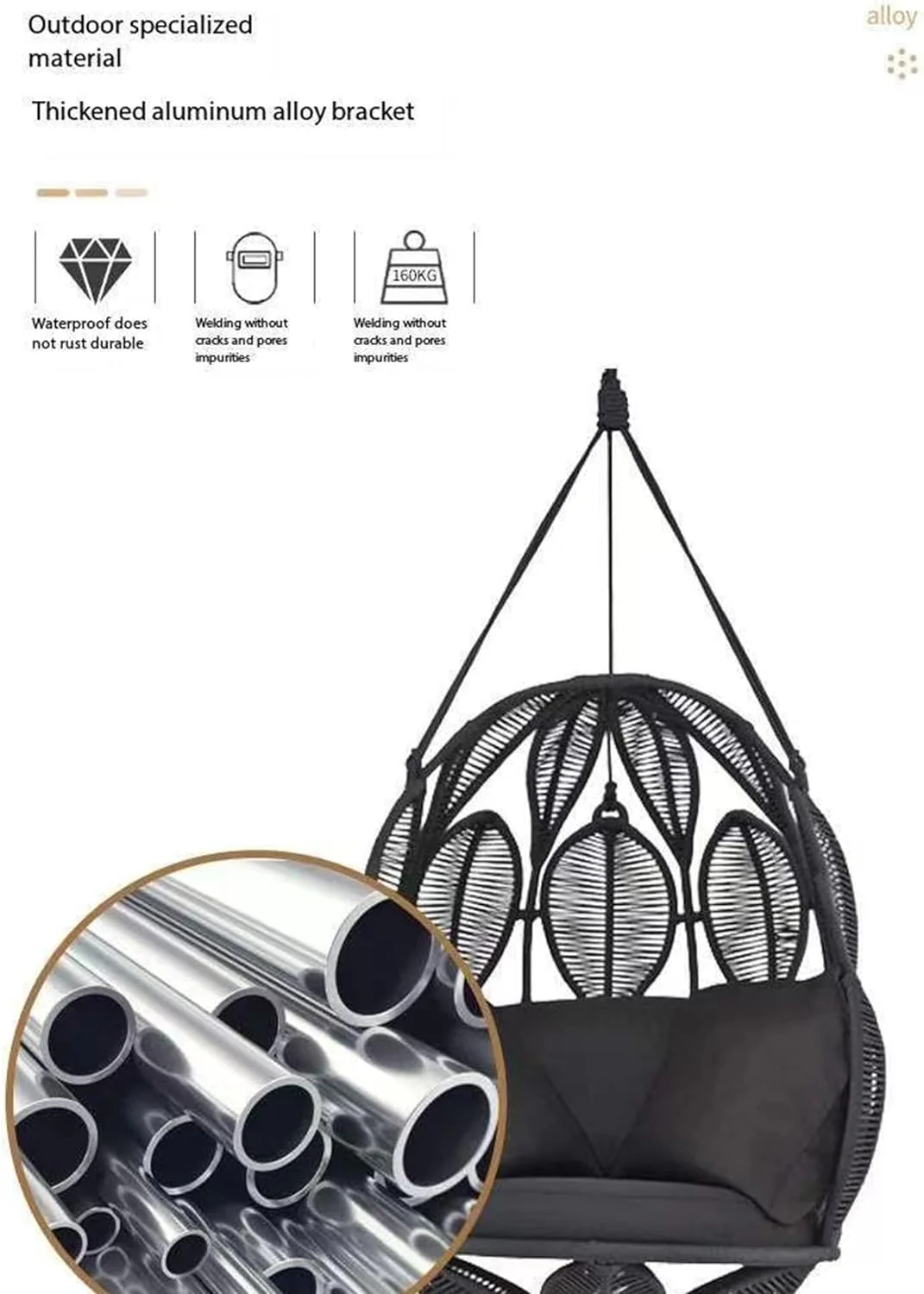 Tasse Single Seater Hanging Swing Without Stand For Balcony , Garden Swing (Black) Braided & Rope - Image 4