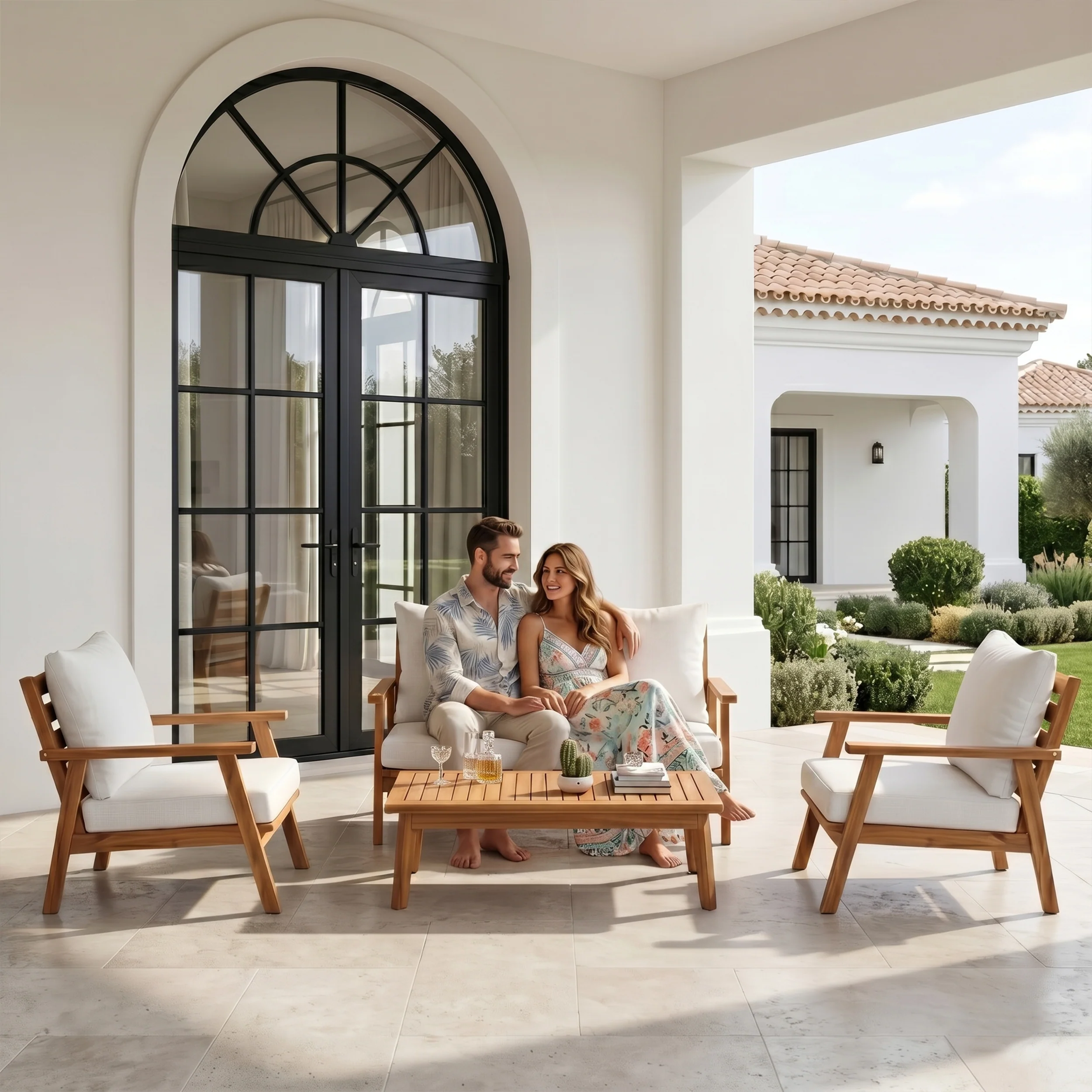 Terra Outdoor Garden Balcony Sofa Set 2 Seater , 2 Single Seater 1 Center Table Set (White) Teak Wood and Braided & Rope - Image 2
