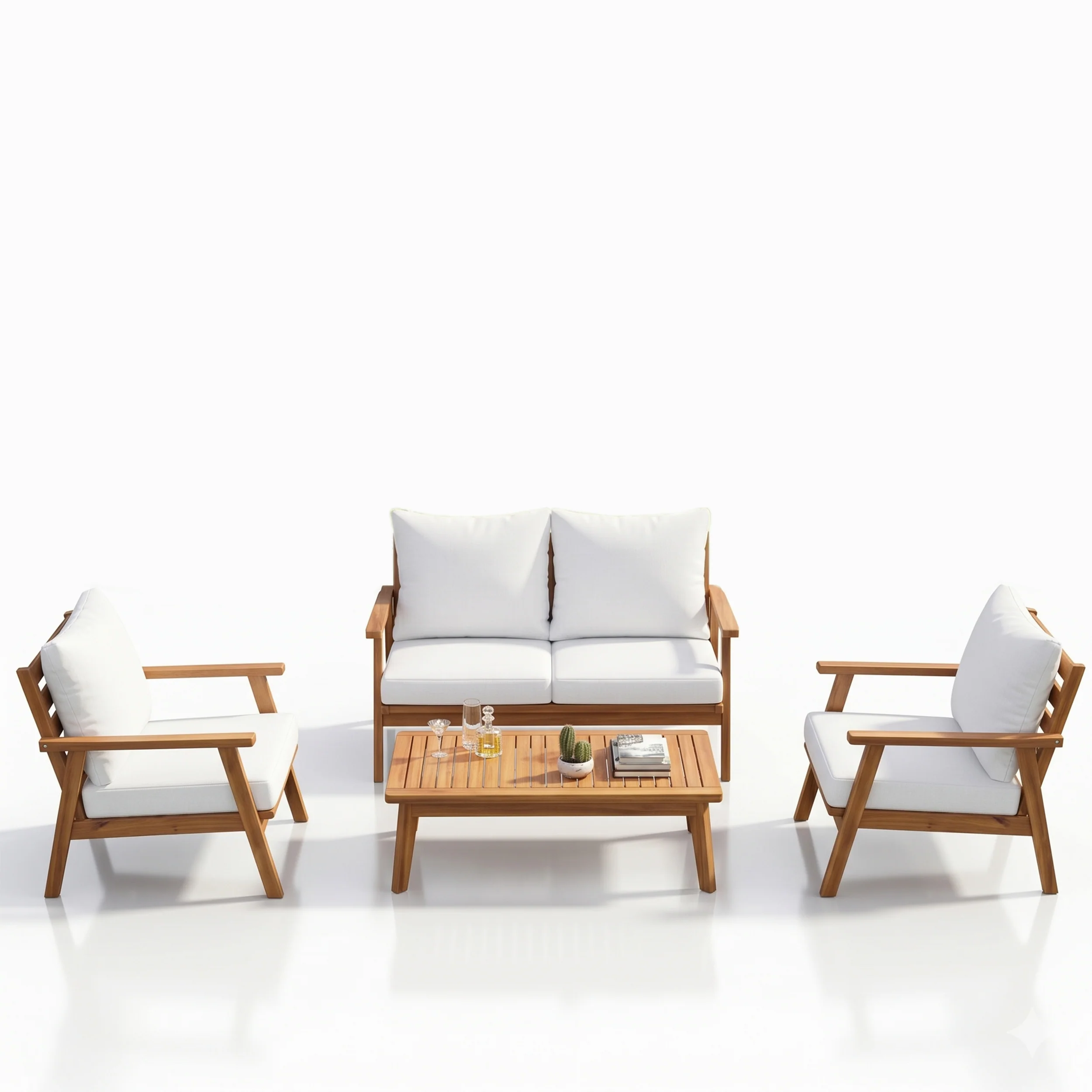Terra Outdoor Garden Balcony Sofa Set 2 Seater , 2 Single Seater 1 Center Table Set (White) Teak Wood and Braided & Rope - Image 3