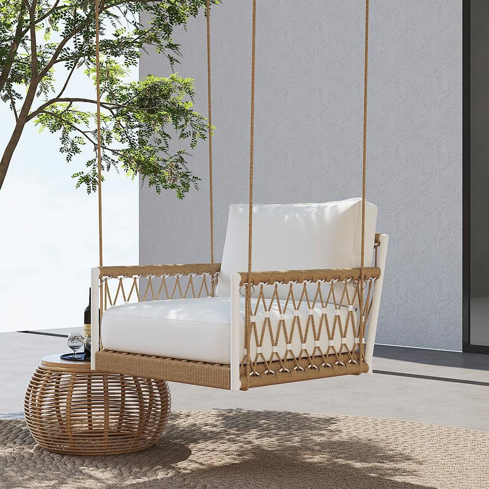 Ulek Single Seater Hanging Swing Without Stand For Balcony , Garden Swing (White + Tan) Braided & Rope