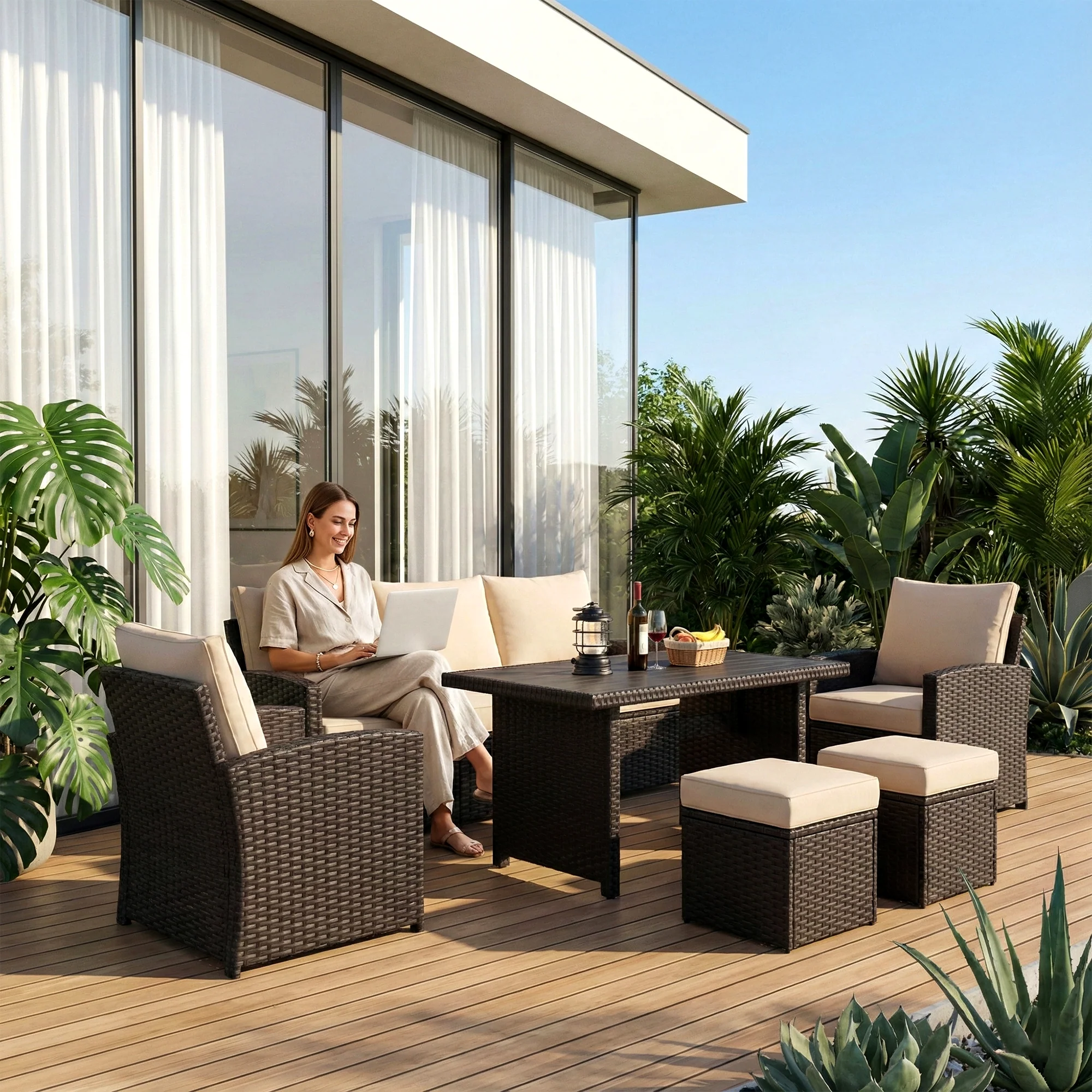 Umile Outdoor Garden Balcony Sofa Set 3 Seater, 2 Single seater, 2 Ottoman and 1 Center Table Conversation Set (Brown) - Image 2