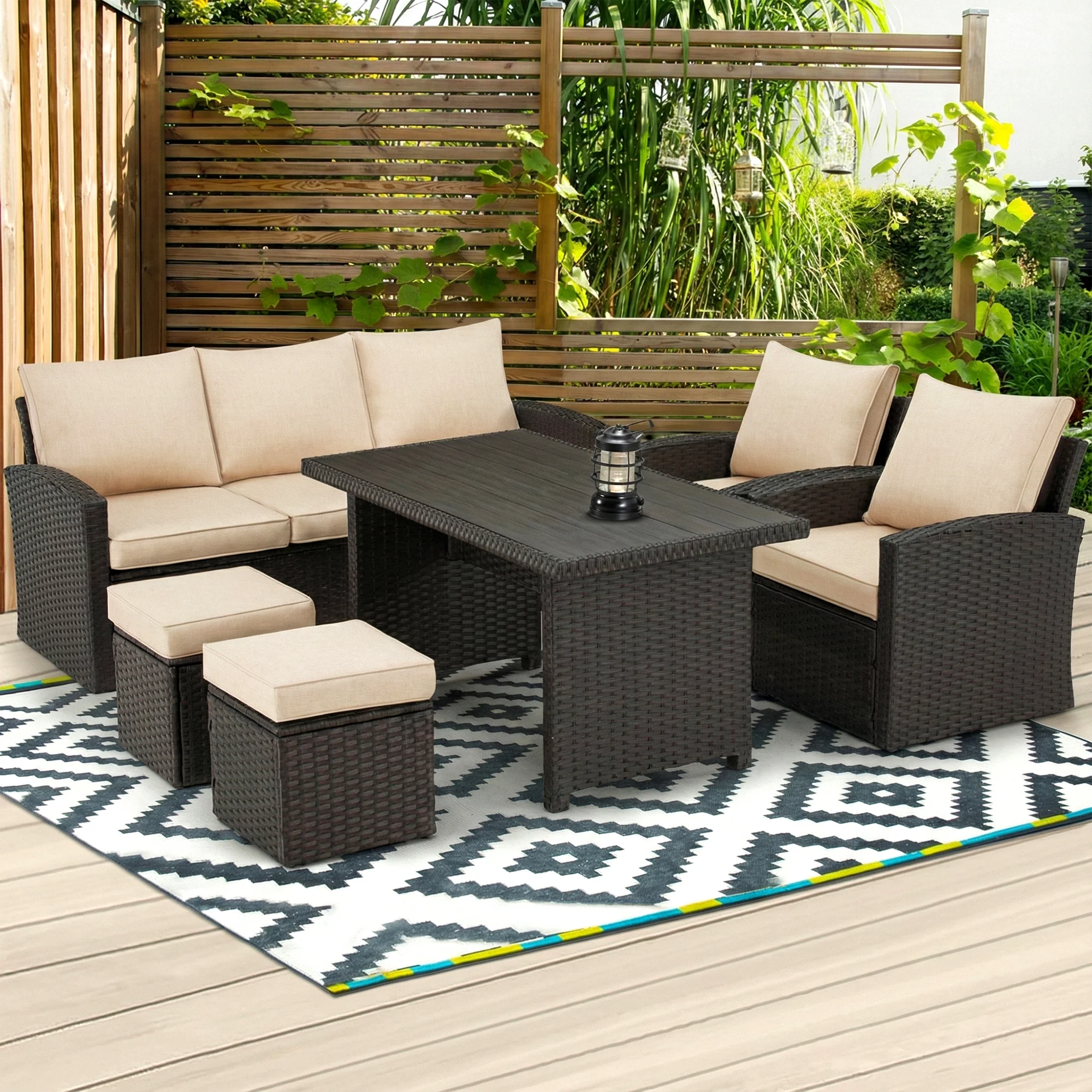 Umile Outdoor Garden Balcony Sofa Set 3 Seater, 2 Single seater, 2 Ottoman and 1 Center Table Conversation Set (Brown) - Image 3