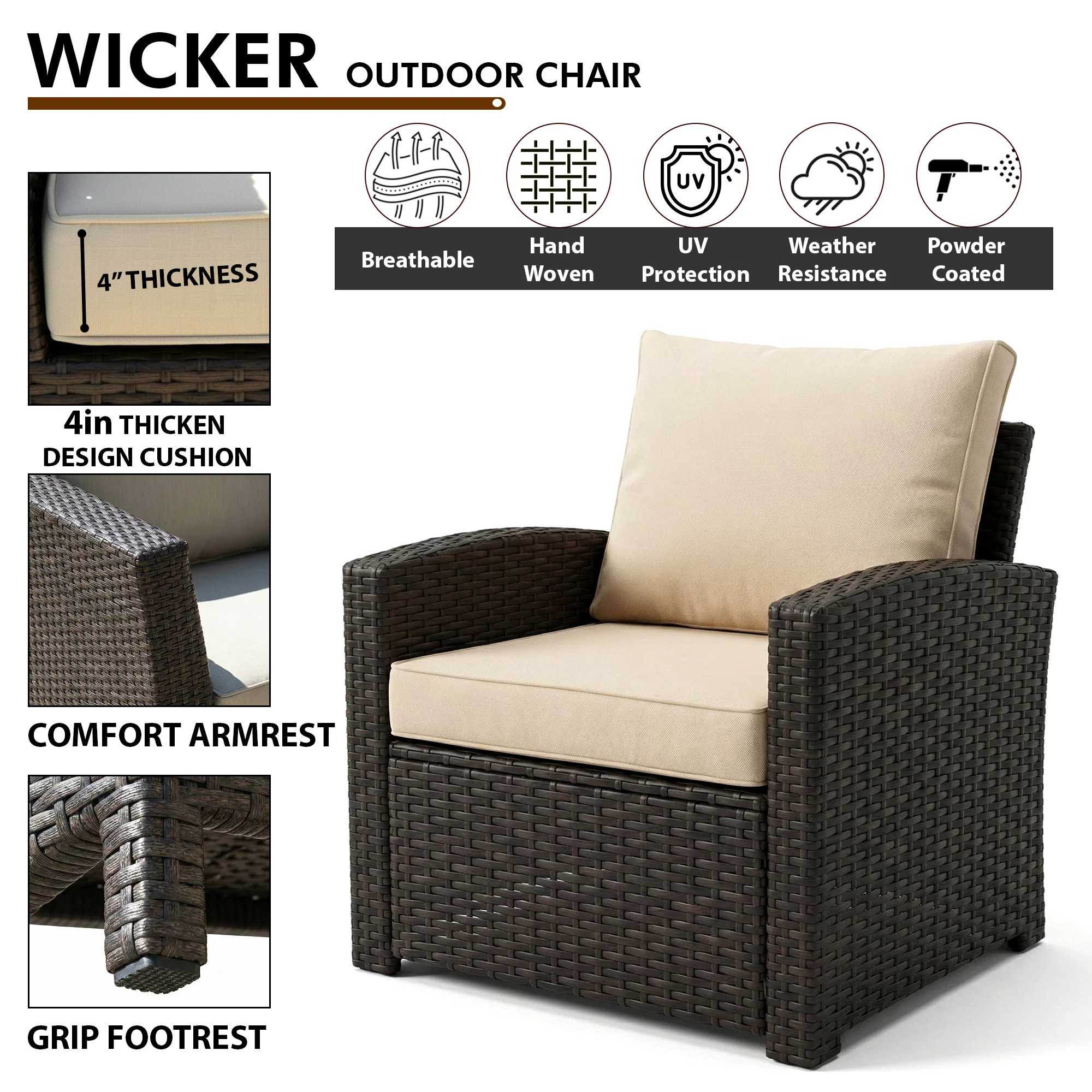 Umile Outdoor Garden Balcony Sofa Set 3 Seater, 2 Single seater, 2 Ottoman and 1 Center Table Conversation Set (Brown) - Image 5