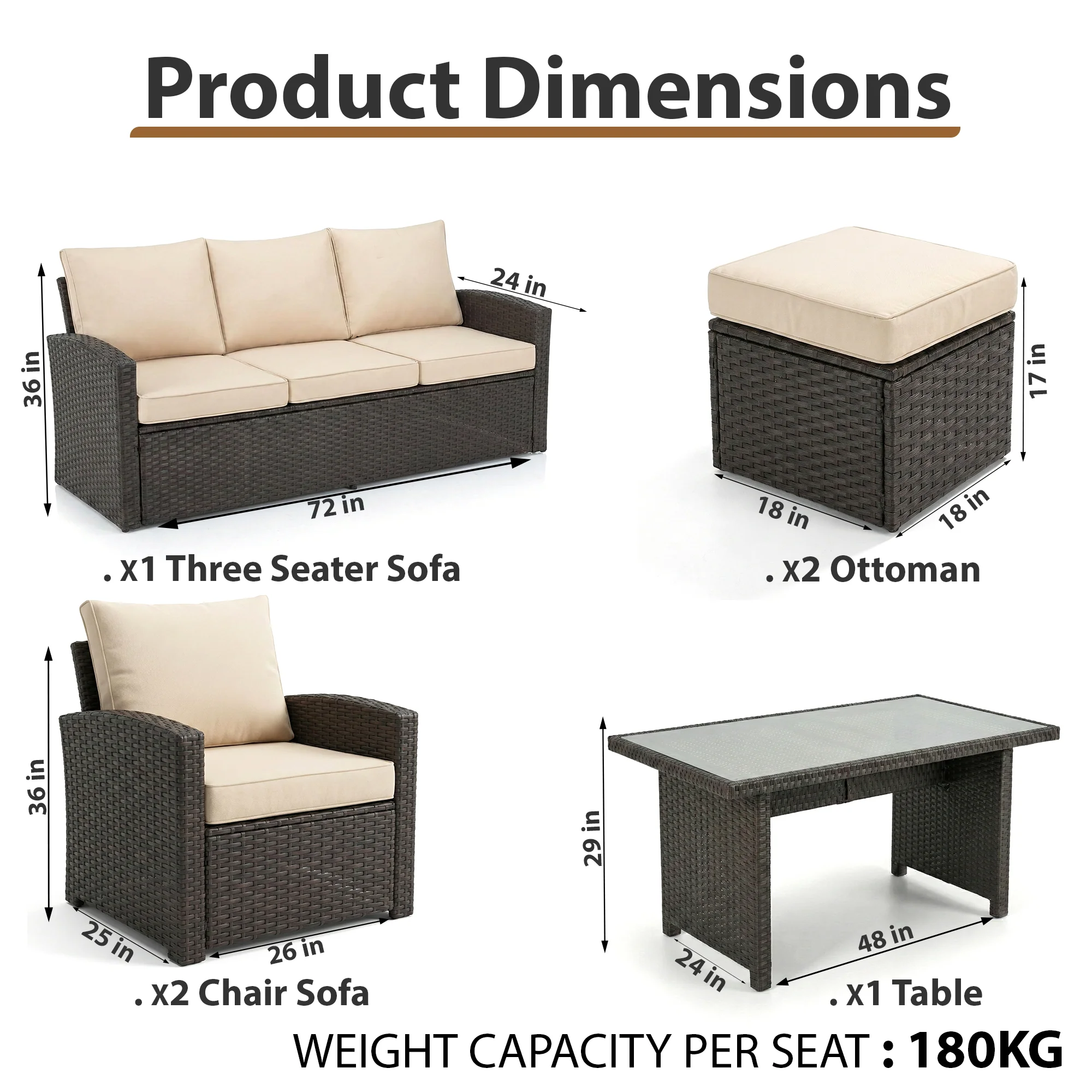 Umile Outdoor Garden Balcony Sofa Set 3 Seater, 2 Single seater, 2 Ottoman and 1 Center Table Conversation Set (Brown) - Image 7
