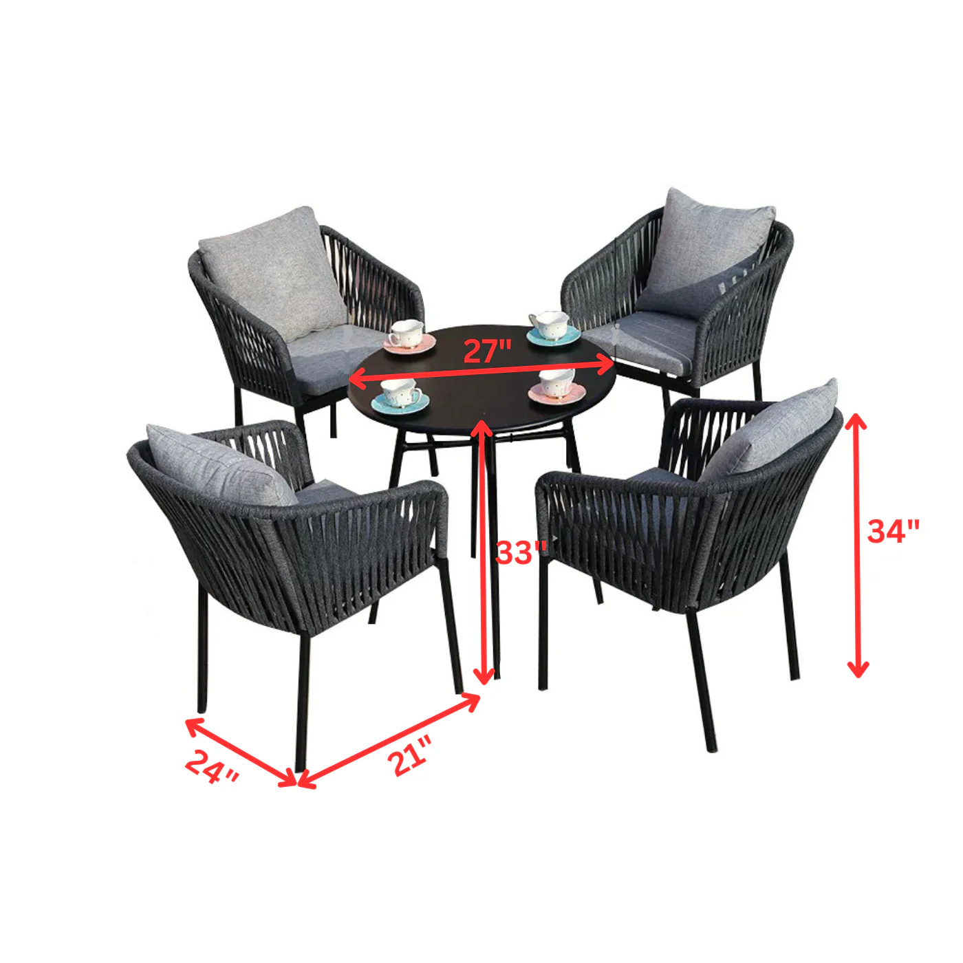 Vallis Outdoor Patio Seating Set 4 Chairs and 1 Table Set (Dark Grey) Braided & Rope - Image 3
