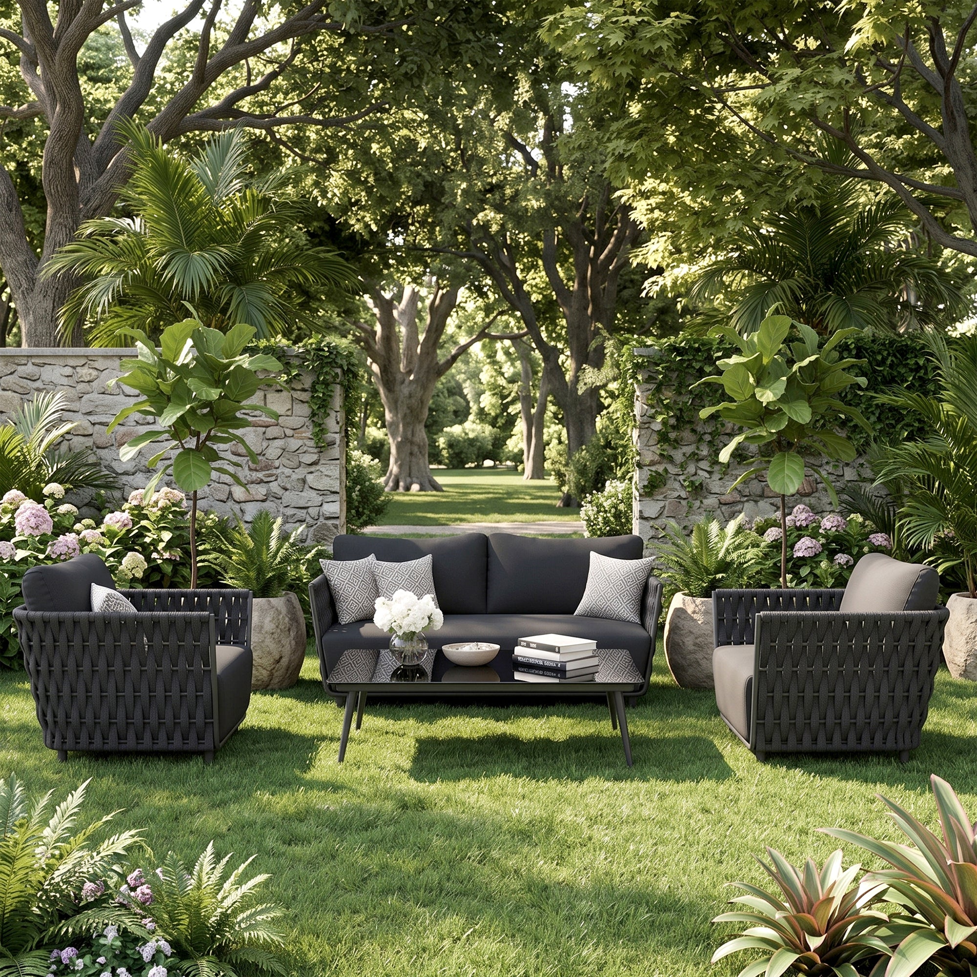 Vanyr Outdoor Garden Balcony Sofa Set 2 Seater , 2 Single Seater 1 Center Table Set (Black) Braided and Rope