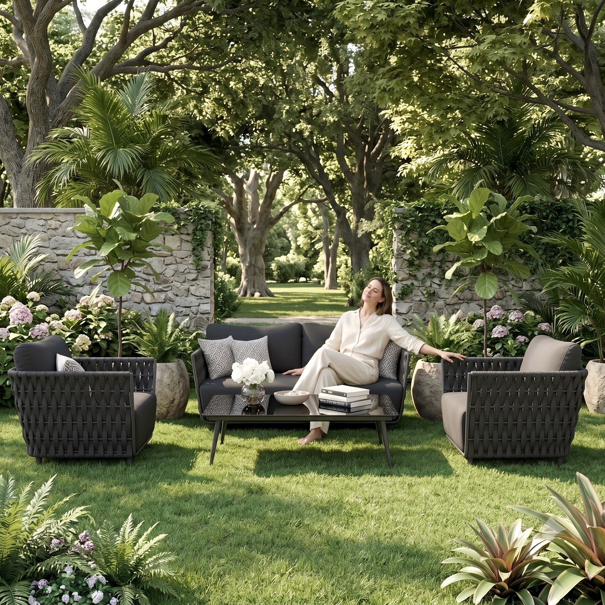Vanyr Outdoor Garden Balcony Sofa Set 2 Seater , 2 Single Seater 1 Center Table Set (Black) Braided and Rope - Image 2