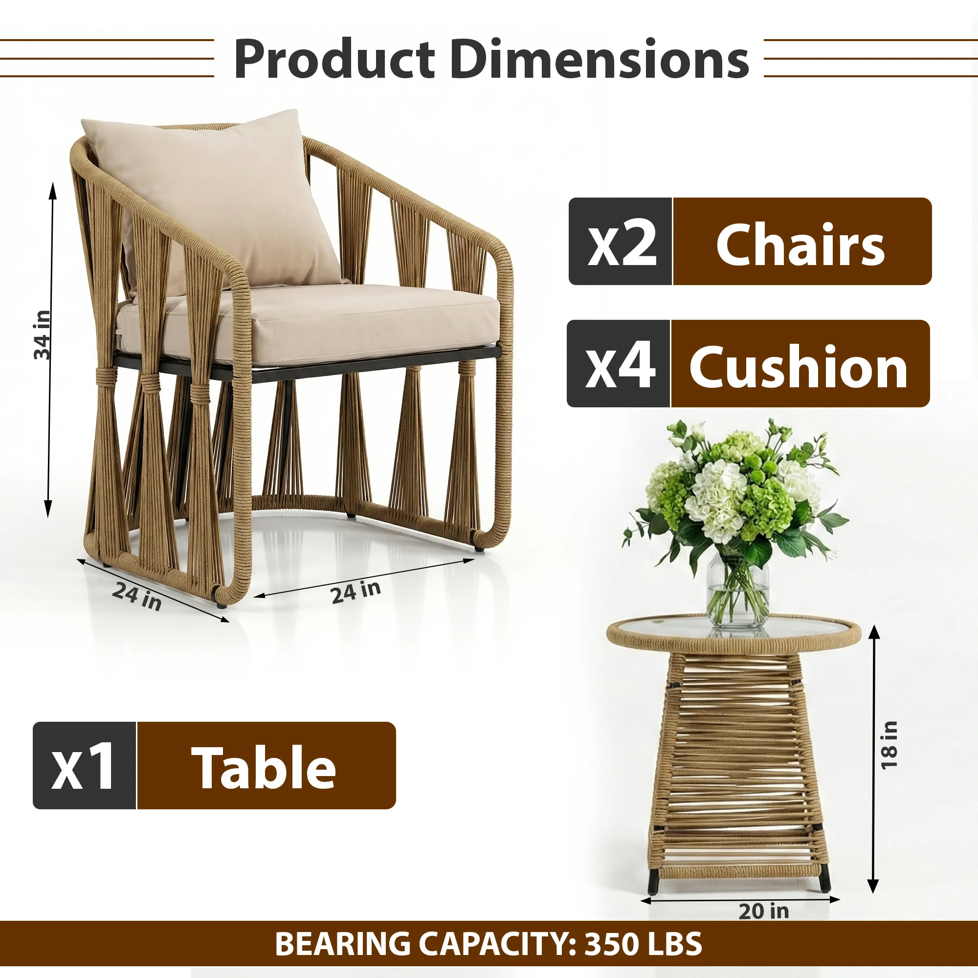 Varqo Outdoor Patio Seating Set 2 Chairs and 1 Table Set Braided & Rope - Image 3