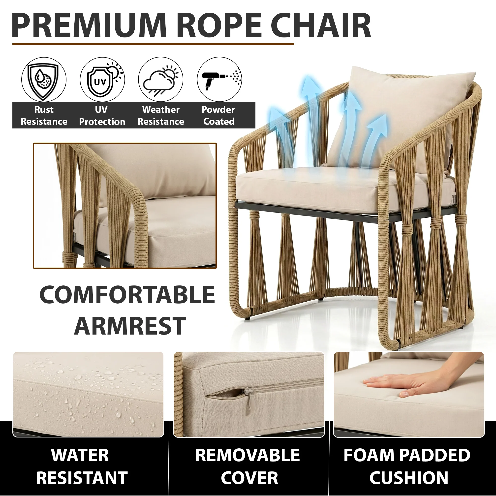 Varqo Outdoor Patio Seating Set 2 Chairs and 1 Table Set Braided & Rope - Image 5