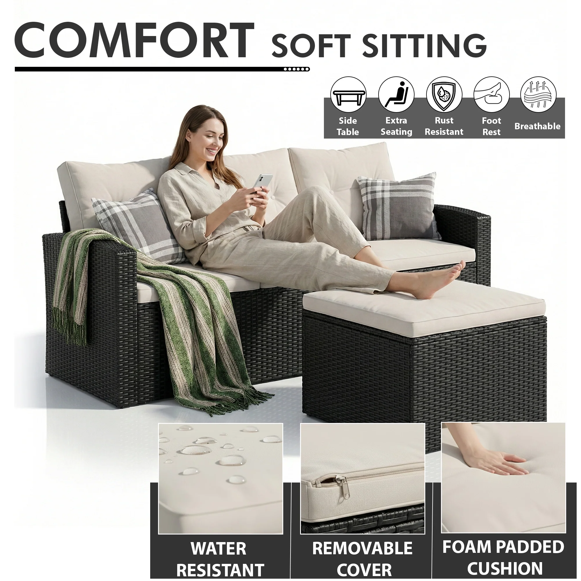 Vibo Outdoor Garden Balcony Sofa Set 3 Seater, 2 Single seater, 2 Ottoman and 1 Center Table Conversation Set (Black) - Image 4