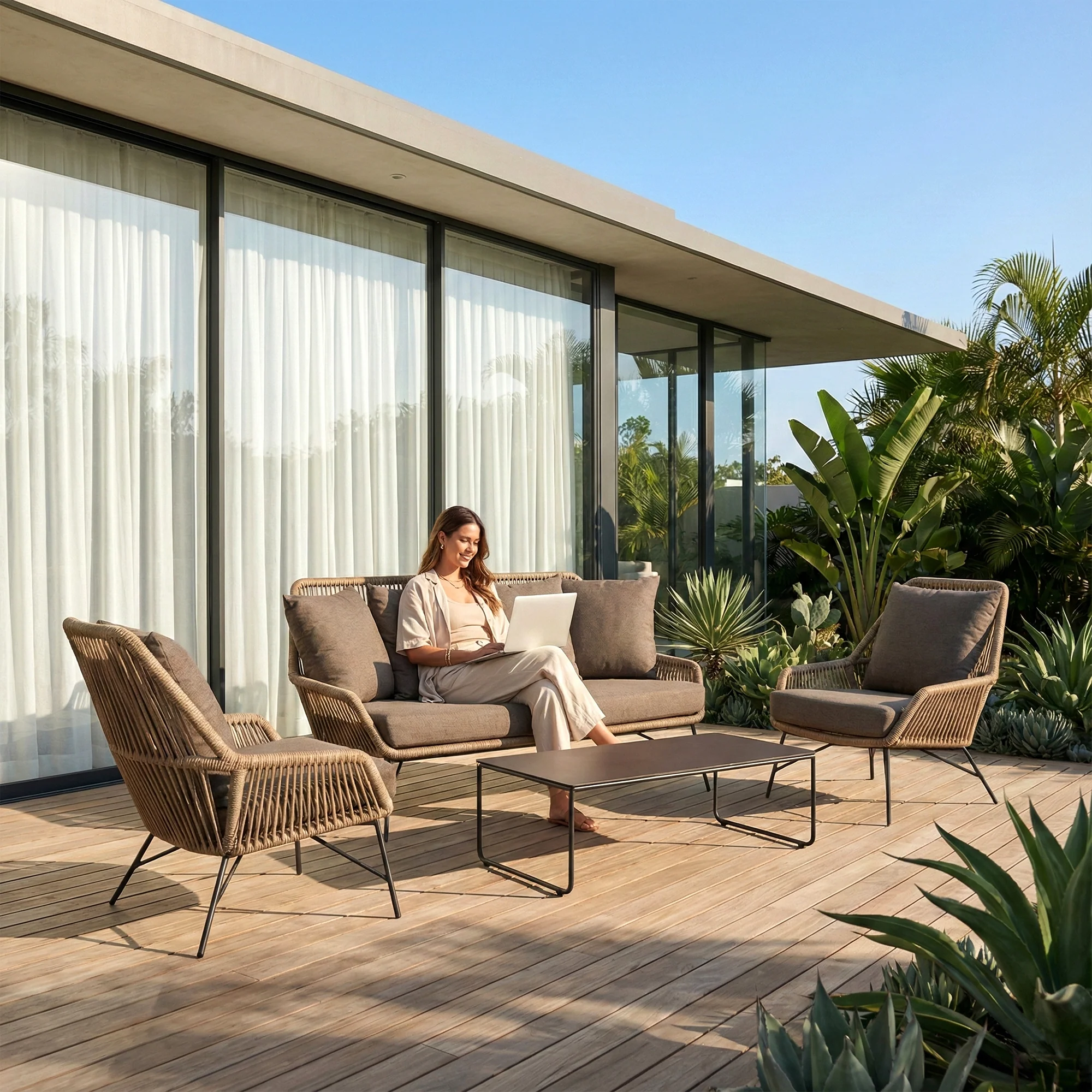 Zalit Outdoor Garden Balcony Sofa Set 3 Seater , 2 Single Seater 1 Center Table (Beige) Braided and Rope - Image 3
