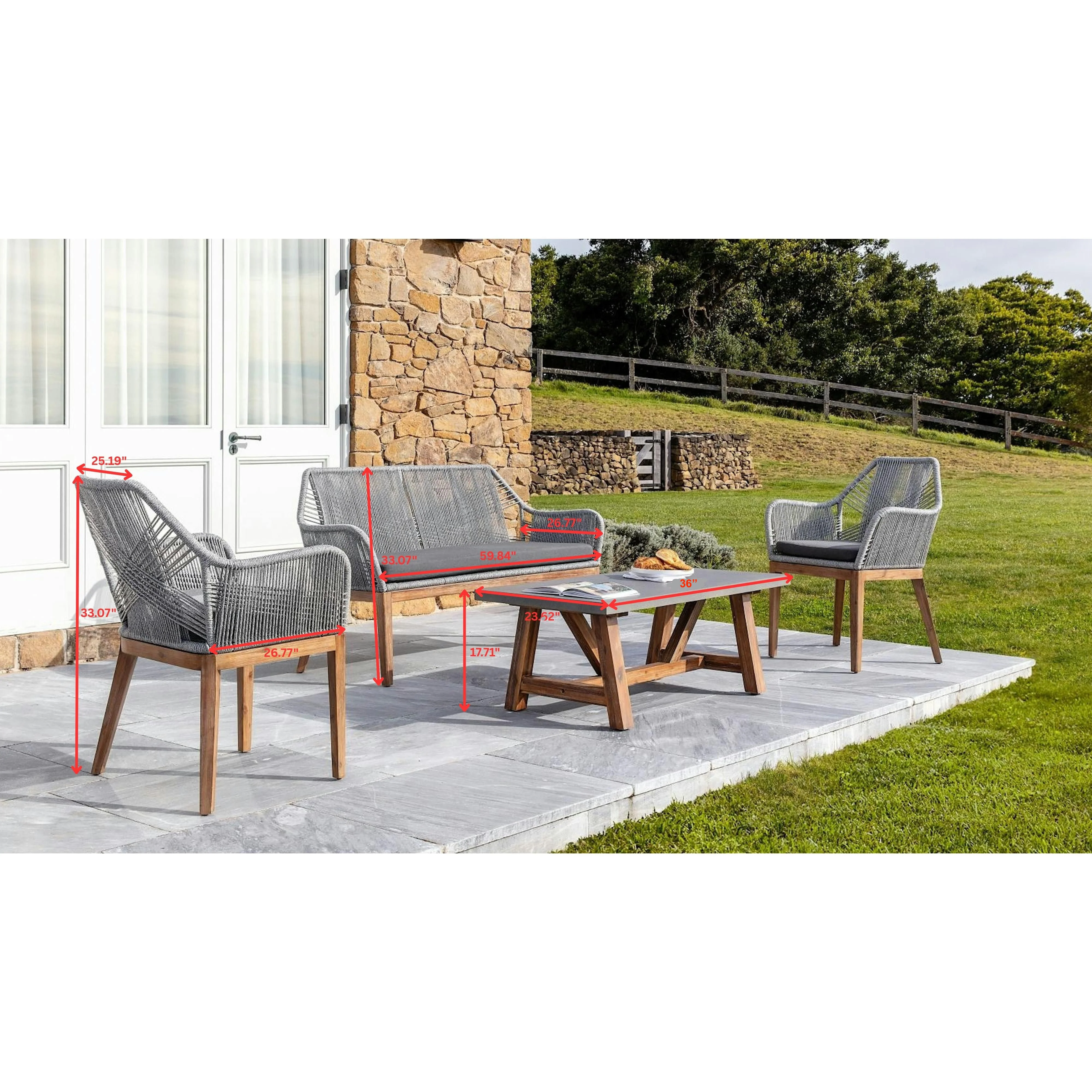 Zoa Outdoor Garden Balcony Sofa Set 2 Seater , 2 Single Seater 1 Center Table Set (Grey) Braided and Rope - Image 3