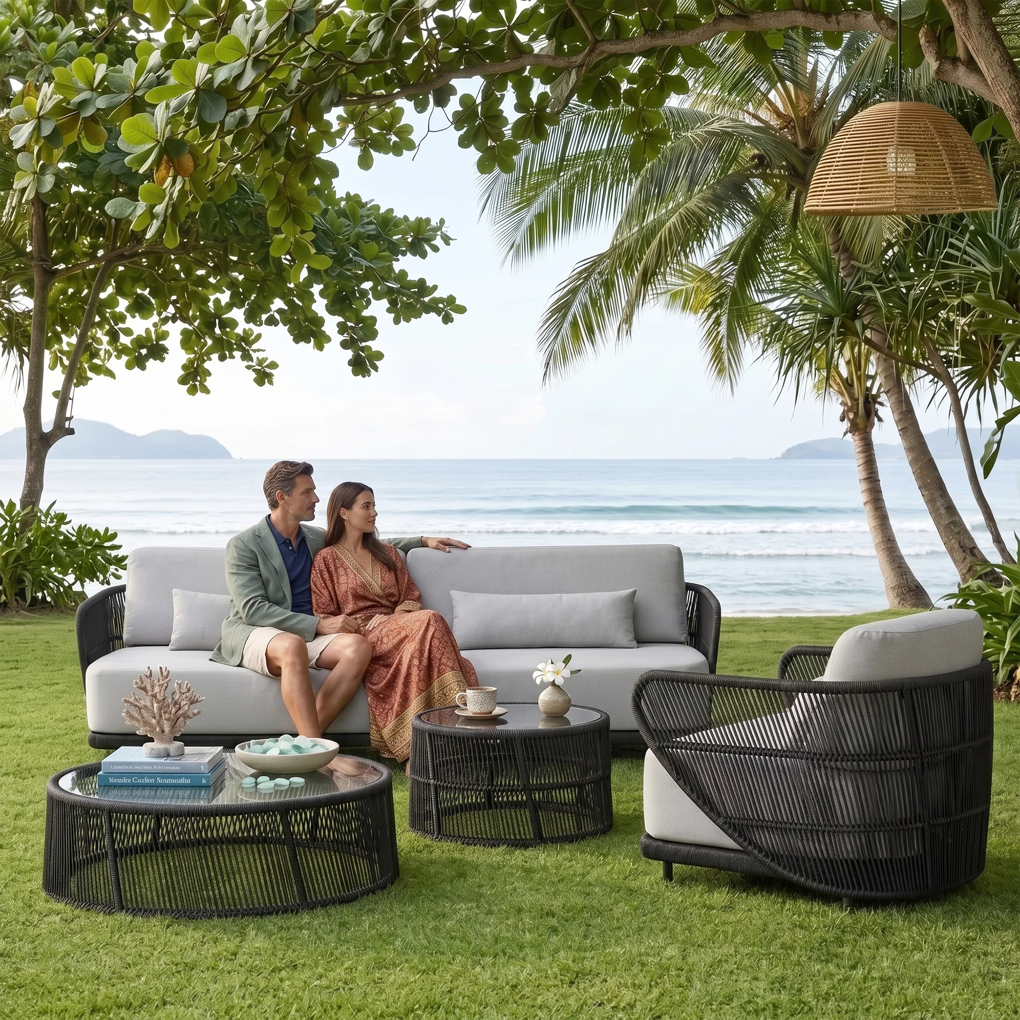 Zym Folk Outdoor Garden Balcony Sofa Set 3 Seater , 1 Single Seater 1 Center Table 1 Side Table Set (Grey) Braided and Rope - Image 3