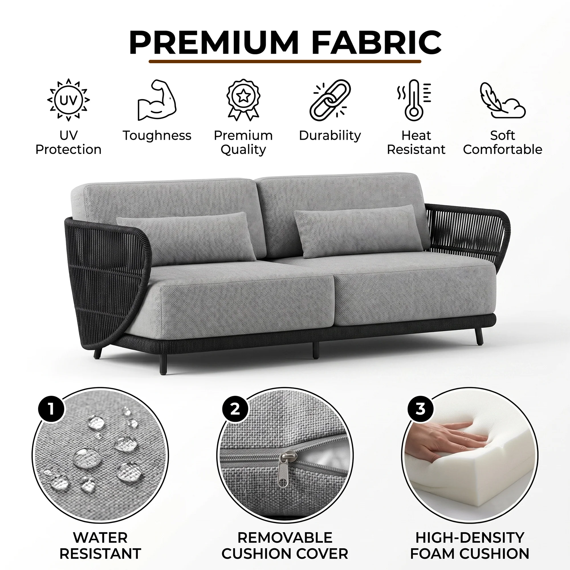 Zym Folk Outdoor Garden Balcony Sofa Set 3 Seater , 1 Single Seater 1 Center Table 1 Side Table Set (Grey) Braided and Rope - Image 4